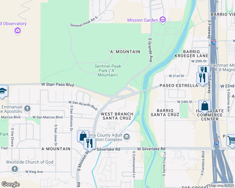 map of restaurants, bars, coffee shops, grocery stores, and more near 1291 South Mission Road in Tucson