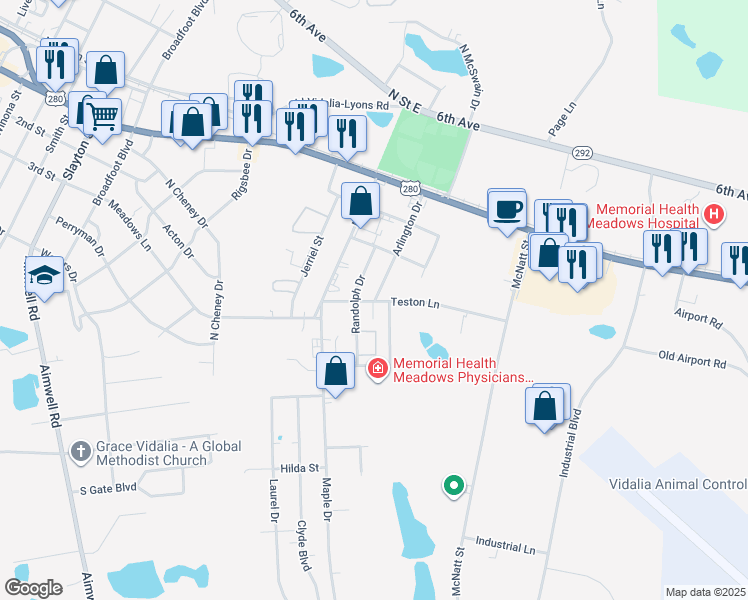 map of restaurants, bars, coffee shops, grocery stores, and more near 313 Arlington Drive in Vidalia