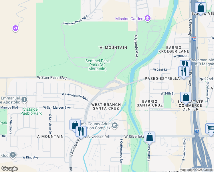 map of restaurants, bars, coffee shops, grocery stores, and more near 1291 South Mission Road in Tucson