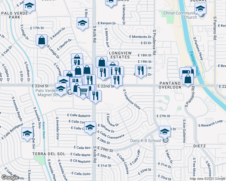 map of restaurants, bars, coffee shops, grocery stores, and more near 7227-7241 E 22nd St in Tucson