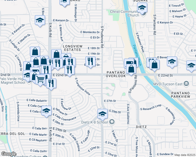 map of restaurants, bars, coffee shops, grocery stores, and more near 7441 East 22nd Street in Tucson