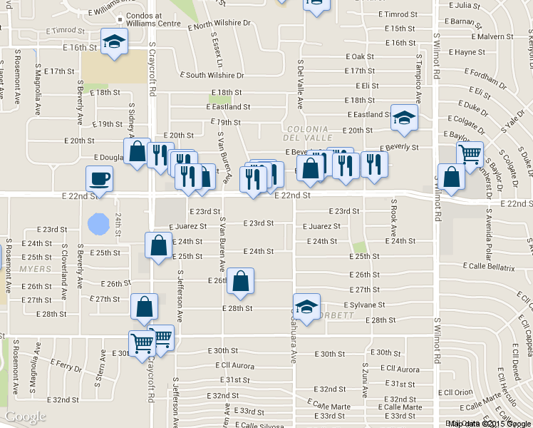 map of restaurants, bars, coffee shops, grocery stores, and more near 5810 East 22nd Street in Tucson