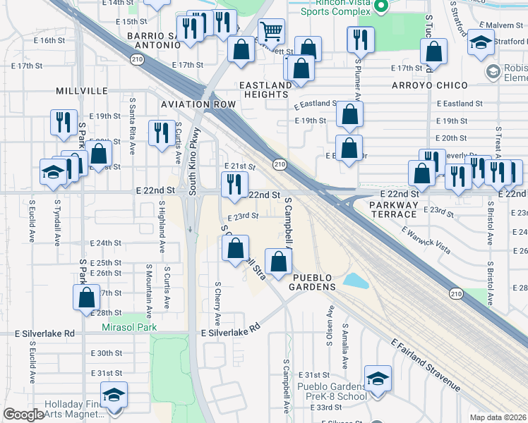 map of restaurants, bars, coffee shops, grocery stores, and more near 1840 East 22nd Street in Tucson