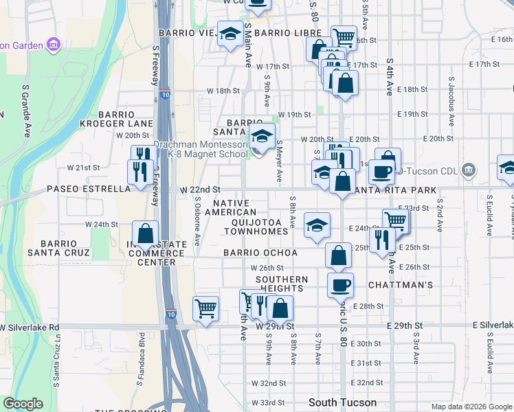 map of restaurants, bars, coffee shops, grocery stores, and more near 347 West 22nd Street in Tucson