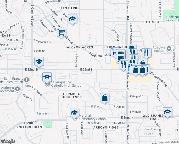 map of restaurants, bars, coffee shops, grocery stores, and more near 9234 East Calle María in Tucson
