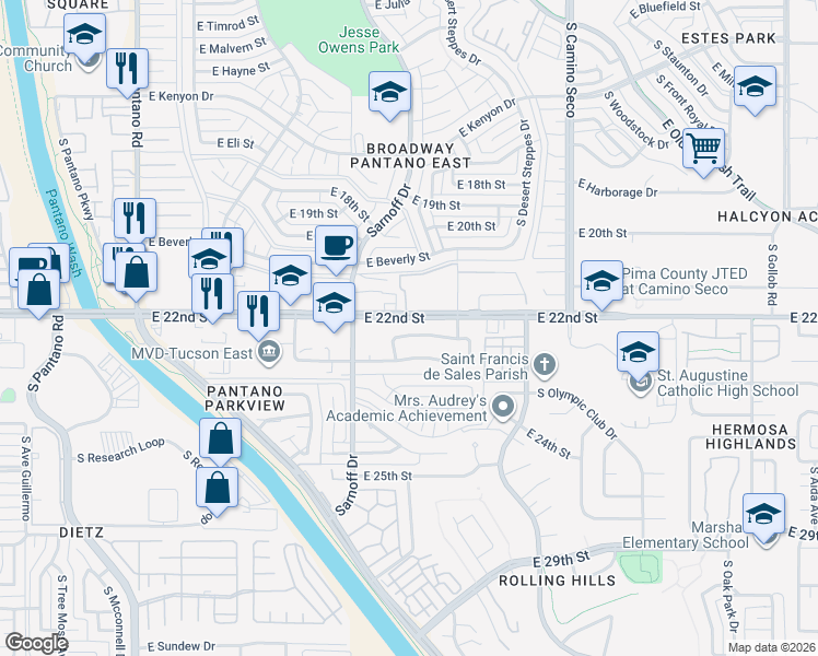 map of restaurants, bars, coffee shops, grocery stores, and more near 8402 East 22nd Street in Tucson