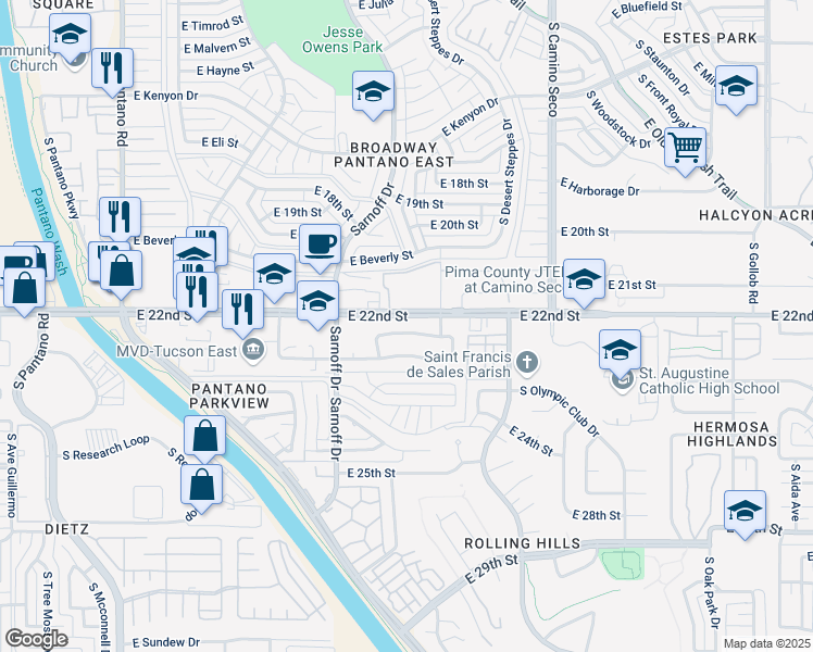 map of restaurants, bars, coffee shops, grocery stores, and more near 8402 East 22nd Street in Tucson
