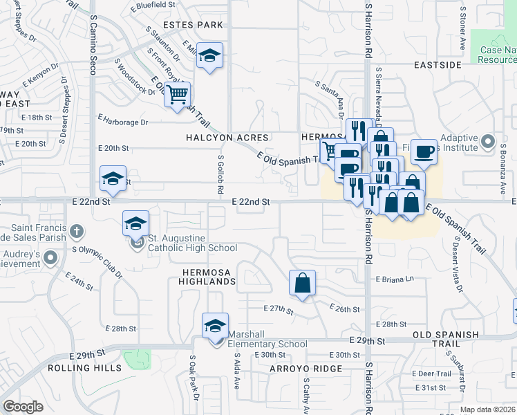 map of restaurants, bars, coffee shops, grocery stores, and more near 9234 East Calle María in Tucson