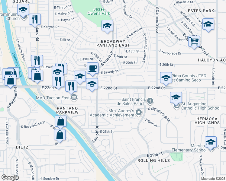 map of restaurants, bars, coffee shops, grocery stores, and more near 8402 East 22nd Street in Tucson