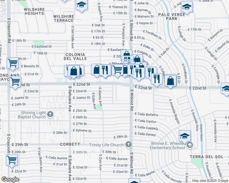 map of restaurants, bars, coffee shops, grocery stores, and more near 1211 South Rook Avenue in Tucson