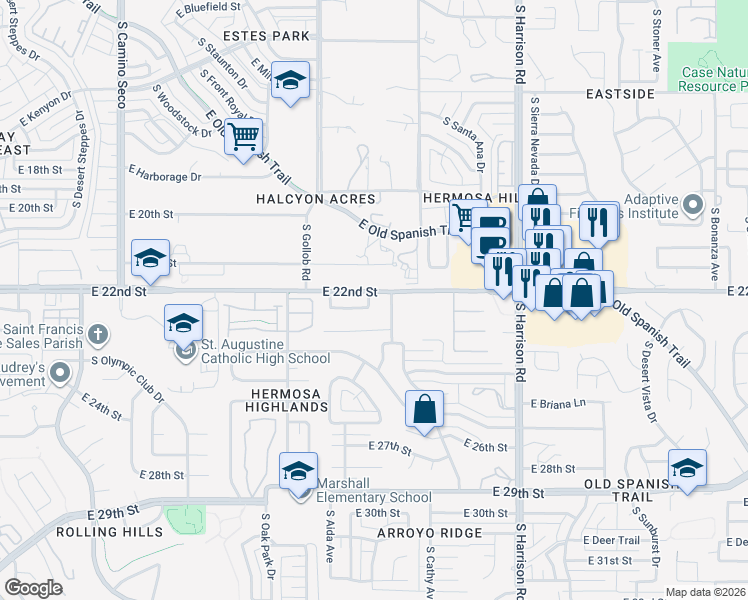 map of restaurants, bars, coffee shops, grocery stores, and more near 9234 East Calle María in Tucson