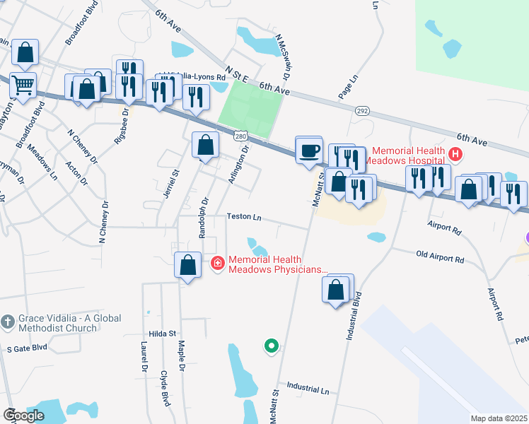 map of restaurants, bars, coffee shops, grocery stores, and more near 2008 Teston Lane in Vidalia