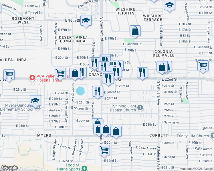 map of restaurants, bars, coffee shops, grocery stores, and more near 5502 East 22nd Street in Tucson