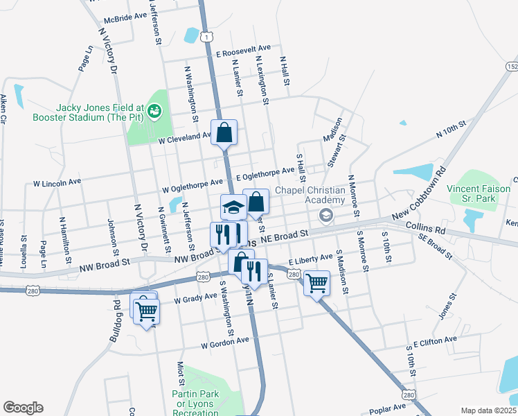 map of restaurants, bars, coffee shops, grocery stores, and more near 191 North Lanier Street in Lyons