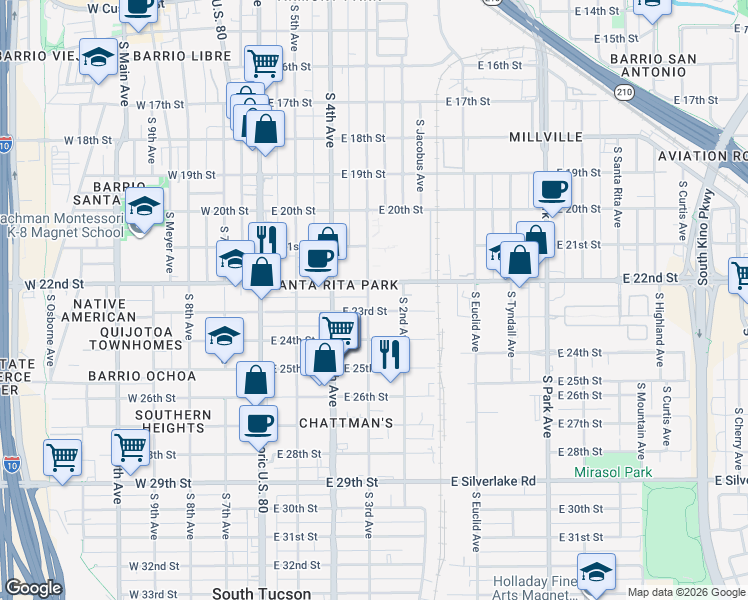 map of restaurants, bars, coffee shops, grocery stores, and more near 1255 South 3rd Avenue in Tucson