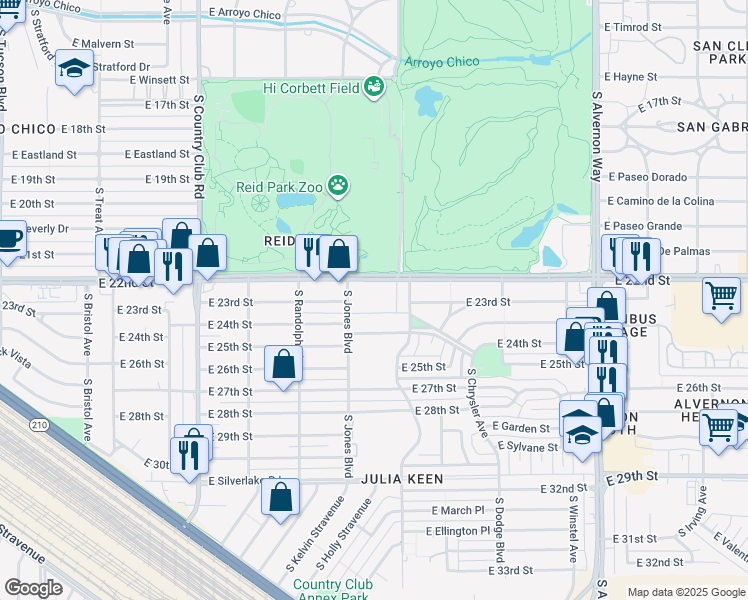 map of restaurants, bars, coffee shops, grocery stores, and more near 3434 East 22nd Street in Tucson