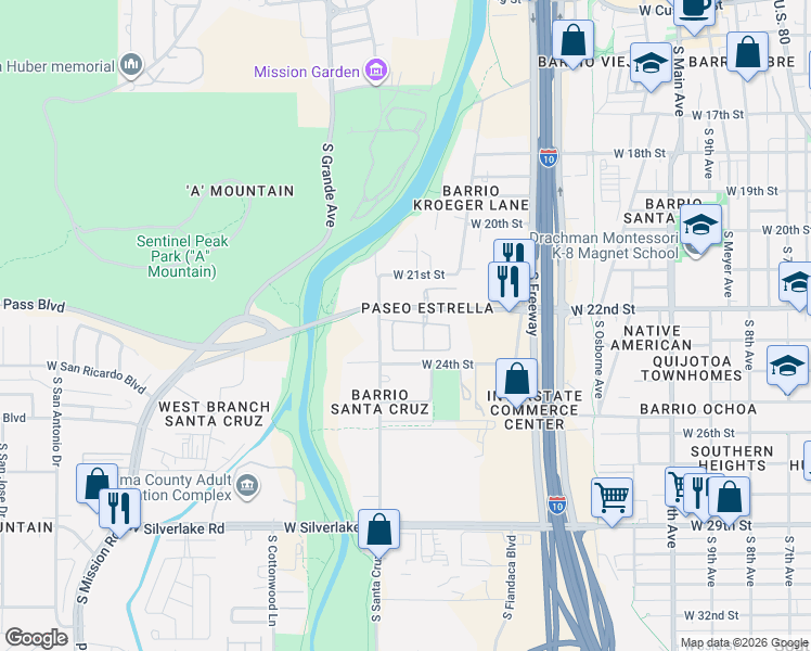 map of restaurants, bars, coffee shops, grocery stores, and more near 944 West Calle Carasol in Tucson