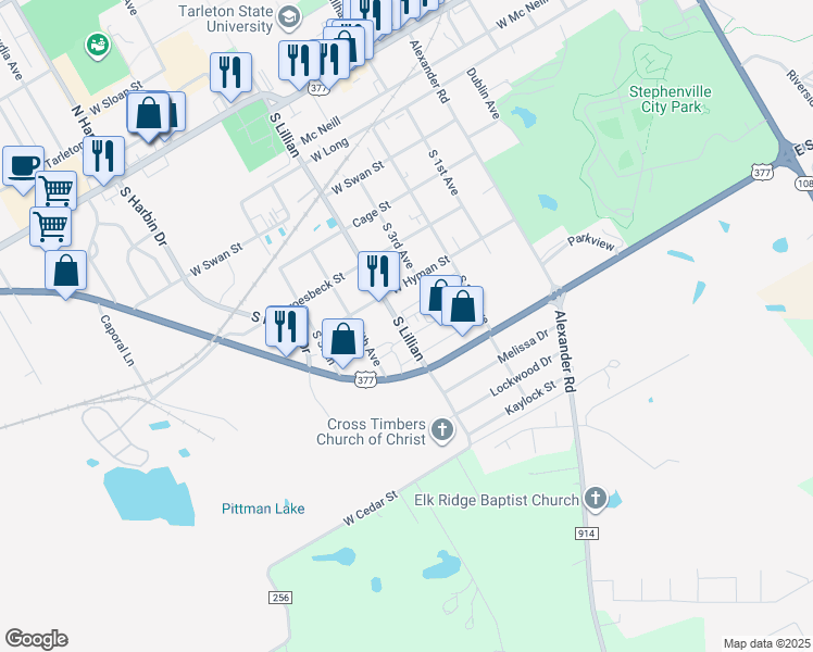 map of restaurants, bars, coffee shops, grocery stores, and more near 949 South Lillian Street in Stephenville