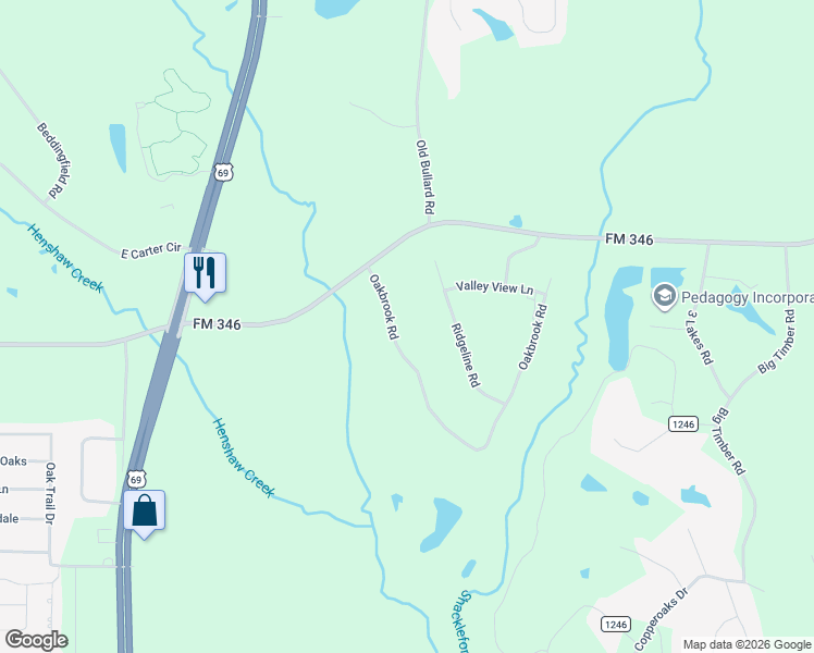 map of restaurants, bars, coffee shops, grocery stores, and more near 18785 Oakbrook Road in Tyler