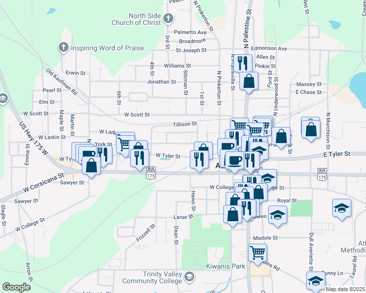 map of restaurants, bars, coffee shops, grocery stores, and more near 402 West Larkin Street in Athens
