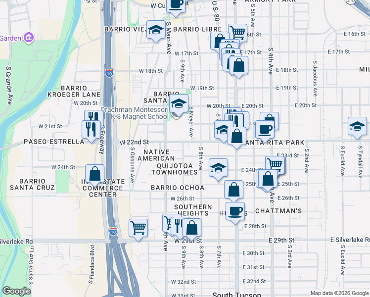 map of restaurants, bars, coffee shops, grocery stores, and more near 1213 South 9th Avenue in Tucson
