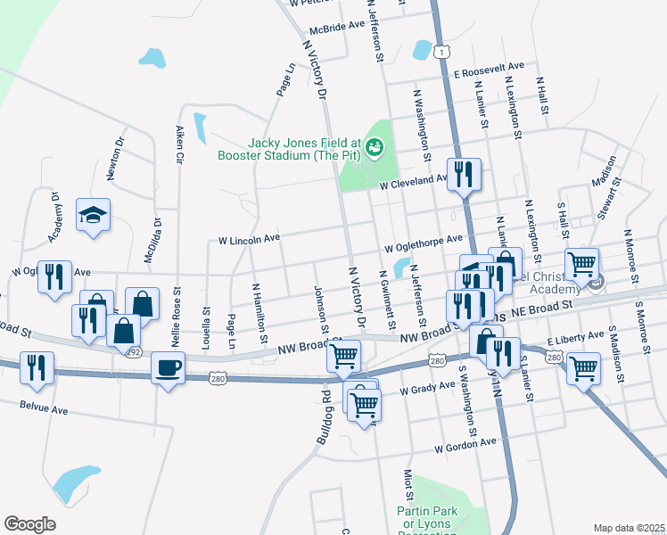 map of restaurants, bars, coffee shops, grocery stores, and more near 303 West Oglethorpe Avenue in Lyons