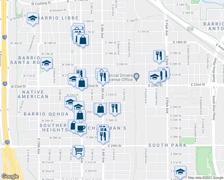map of restaurants, bars, coffee shops, grocery stores, and more near 1230 South 3rd Avenue in Tucson