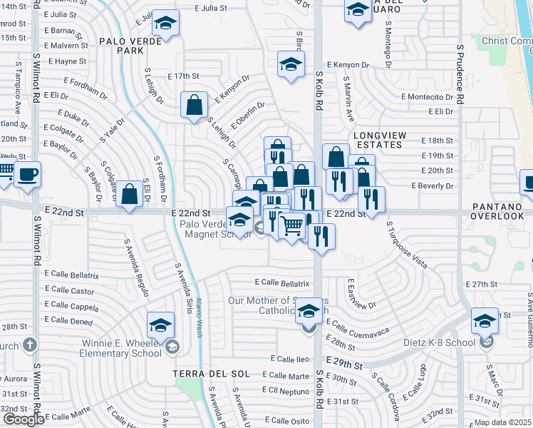 map of restaurants, bars, coffee shops, grocery stores, and more near 7050 East 22nd Street in Tucson
