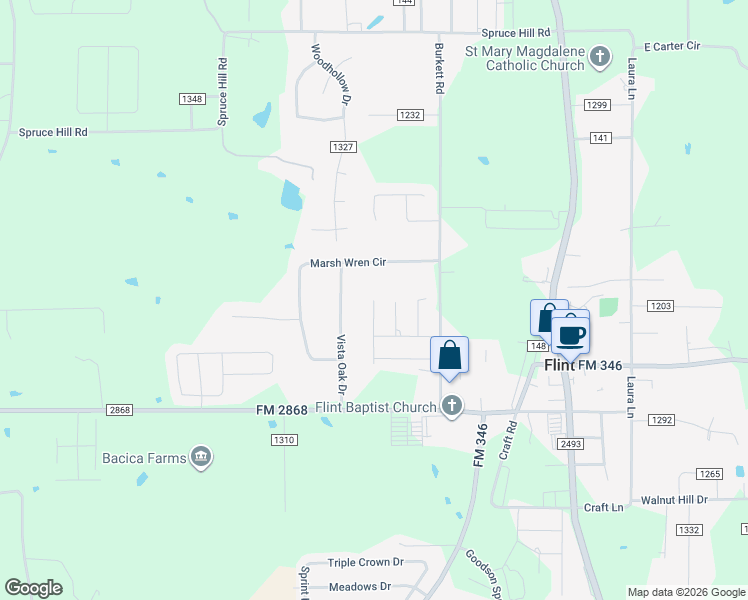 map of restaurants, bars, coffee shops, grocery stores, and more near 18842 Spanish Oak Court in Flint