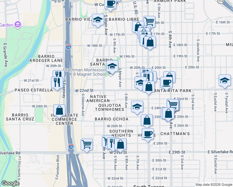 map of restaurants, bars, coffee shops, grocery stores, and more near 1233 South 9th Avenue in Tucson