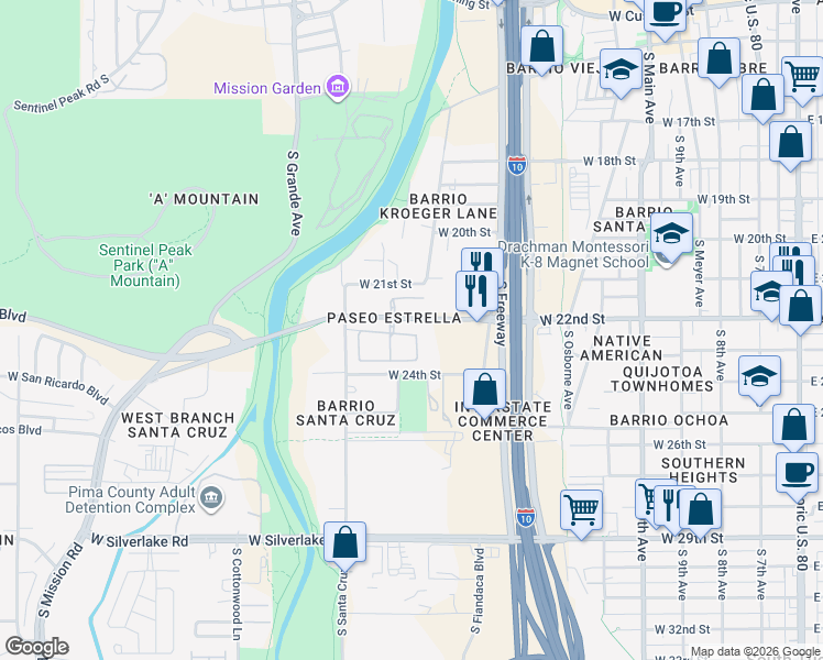 map of restaurants, bars, coffee shops, grocery stores, and more near 872 West Calle Carasol in Tucson