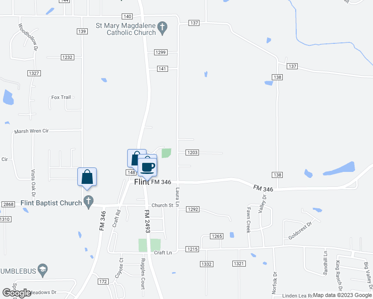 map of restaurants, bars, coffee shops, grocery stores, and more near 10616 Debbie Lane in Flint