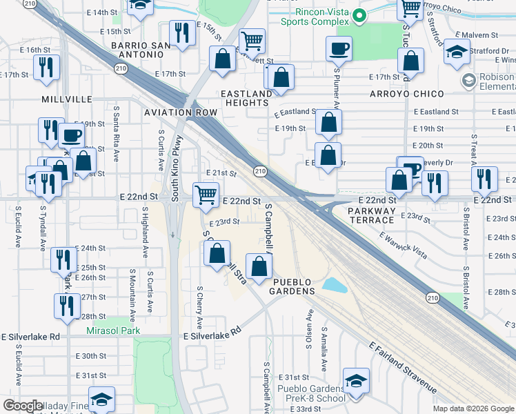 map of restaurants, bars, coffee shops, grocery stores, and more near 1840 E 22nd St in Tucson