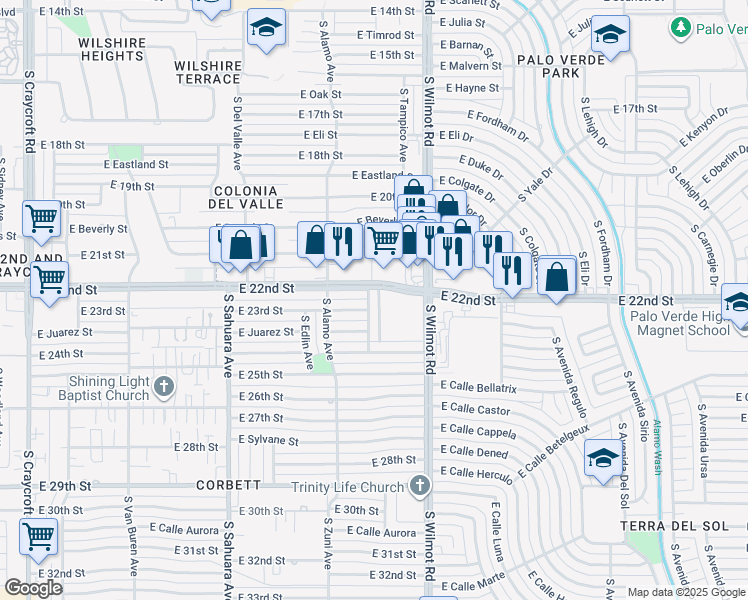 map of restaurants, bars, coffee shops, grocery stores, and more near 1211 South Rook Avenue in Tucson