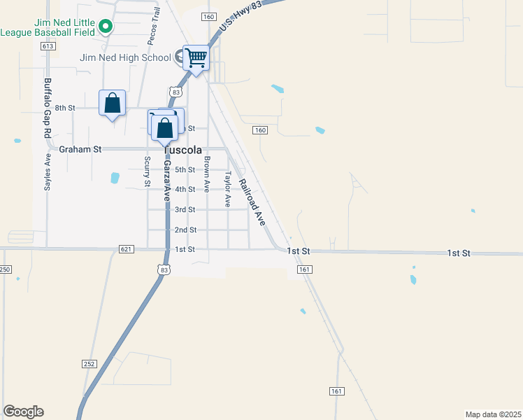 map of restaurants, bars, coffee shops, grocery stores, and more near 257 Railroad Avenue in Tuscola