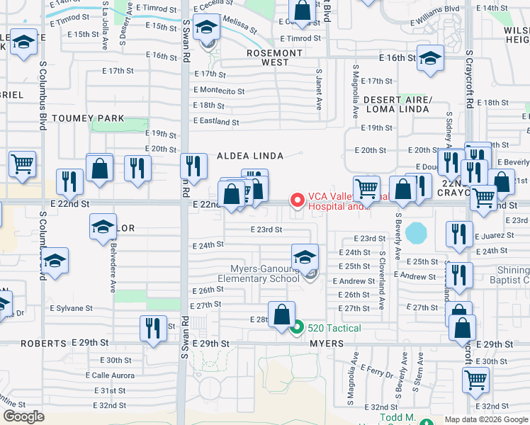 map of restaurants, bars, coffee shops, grocery stores, and more near 4888 East 22nd Street in Tucson