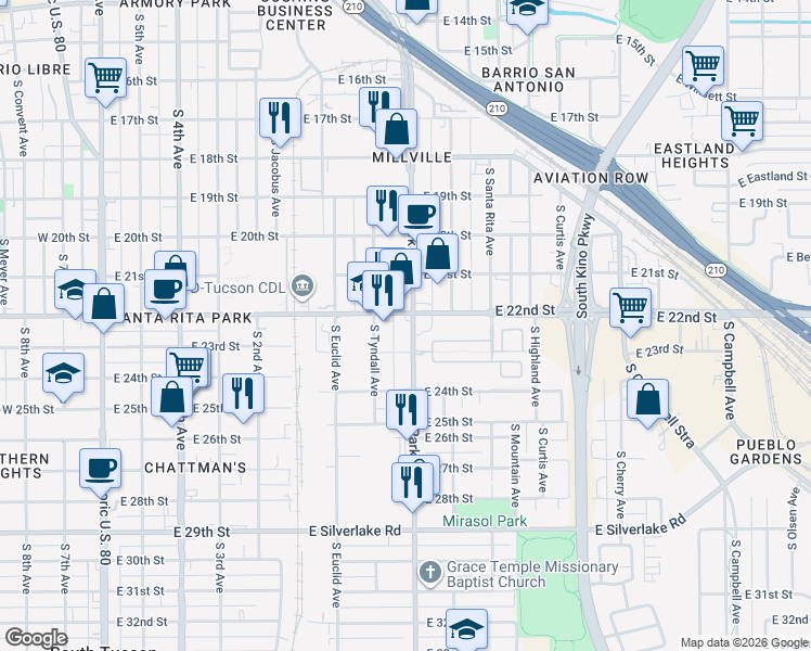 map of restaurants, bars, coffee shops, grocery stores, and more near 850 East 22nd Street in Tucson