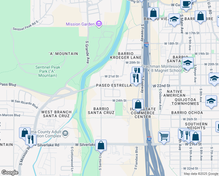 map of restaurants, bars, coffee shops, grocery stores, and more near 944 West Calle Carasol in Tucson