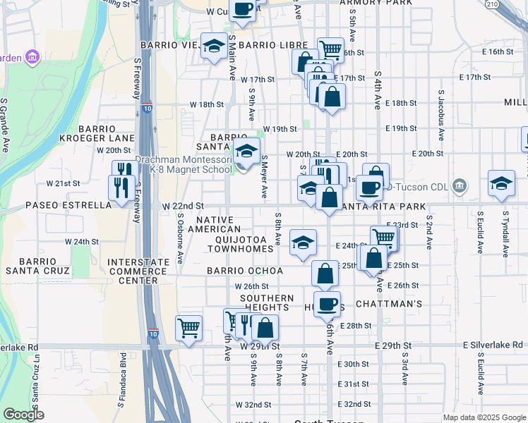 map of restaurants, bars, coffee shops, grocery stores, and more near 1233 South 9th Avenue in Tucson