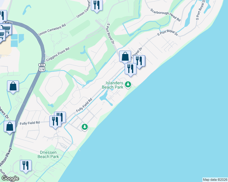 map of restaurants, bars, coffee shops, grocery stores, and more near Waterway in Hilton Head Island