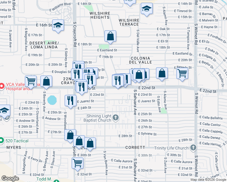 map of restaurants, bars, coffee shops, grocery stores, and more near 5728 East 22nd Street in Tucson