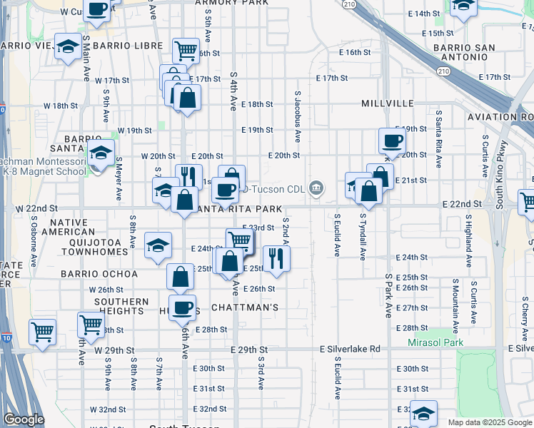map of restaurants, bars, coffee shops, grocery stores, and more near 1230 South 3rd Avenue in Tucson