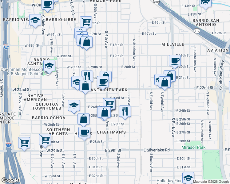 map of restaurants, bars, coffee shops, grocery stores, and more near 1230 South 3rd Avenue in Tucson
