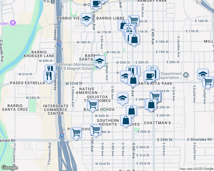 map of restaurants, bars, coffee shops, grocery stores, and more near 1233 South 9th Avenue in Tucson