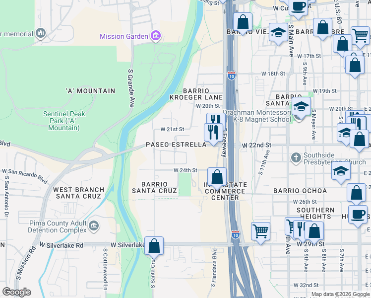 map of restaurants, bars, coffee shops, grocery stores, and more near 872 West Calle Carasol in Tucson