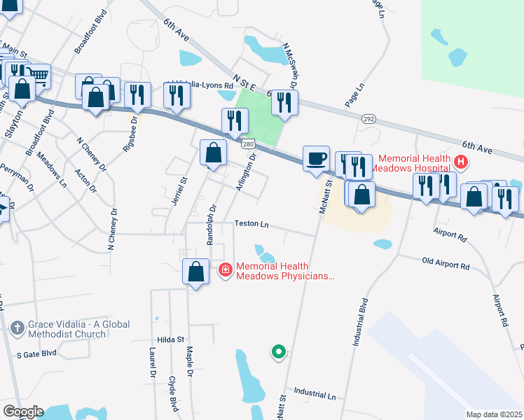 map of restaurants, bars, coffee shops, grocery stores, and more near 204 Nita Drive in Vidalia