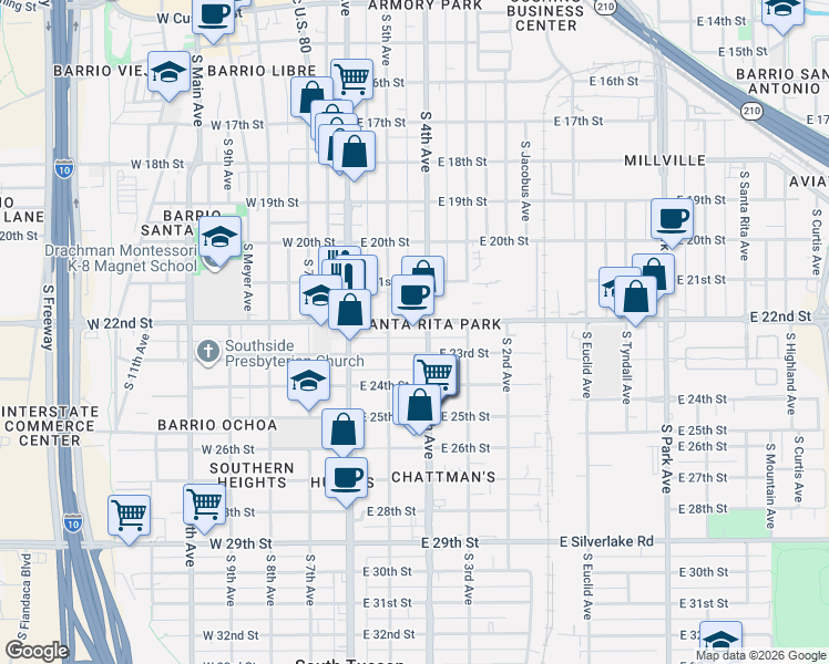 map of restaurants, bars, coffee shops, grocery stores, and more near 234 East 22nd Street in Tucson
