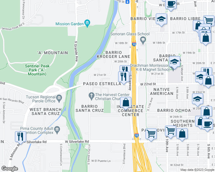 map of restaurants, bars, coffee shops, grocery stores, and more near 872 West Calle Carasol in Tucson