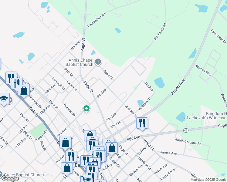 map of restaurants, bars, coffee shops, grocery stores, and more near 5336 Sheldon Street in Eastman