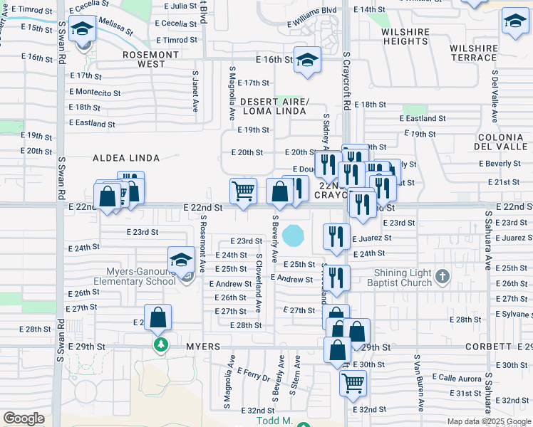 map of restaurants, bars, coffee shops, grocery stores, and more near 5250 East 22nd Street in Tucson